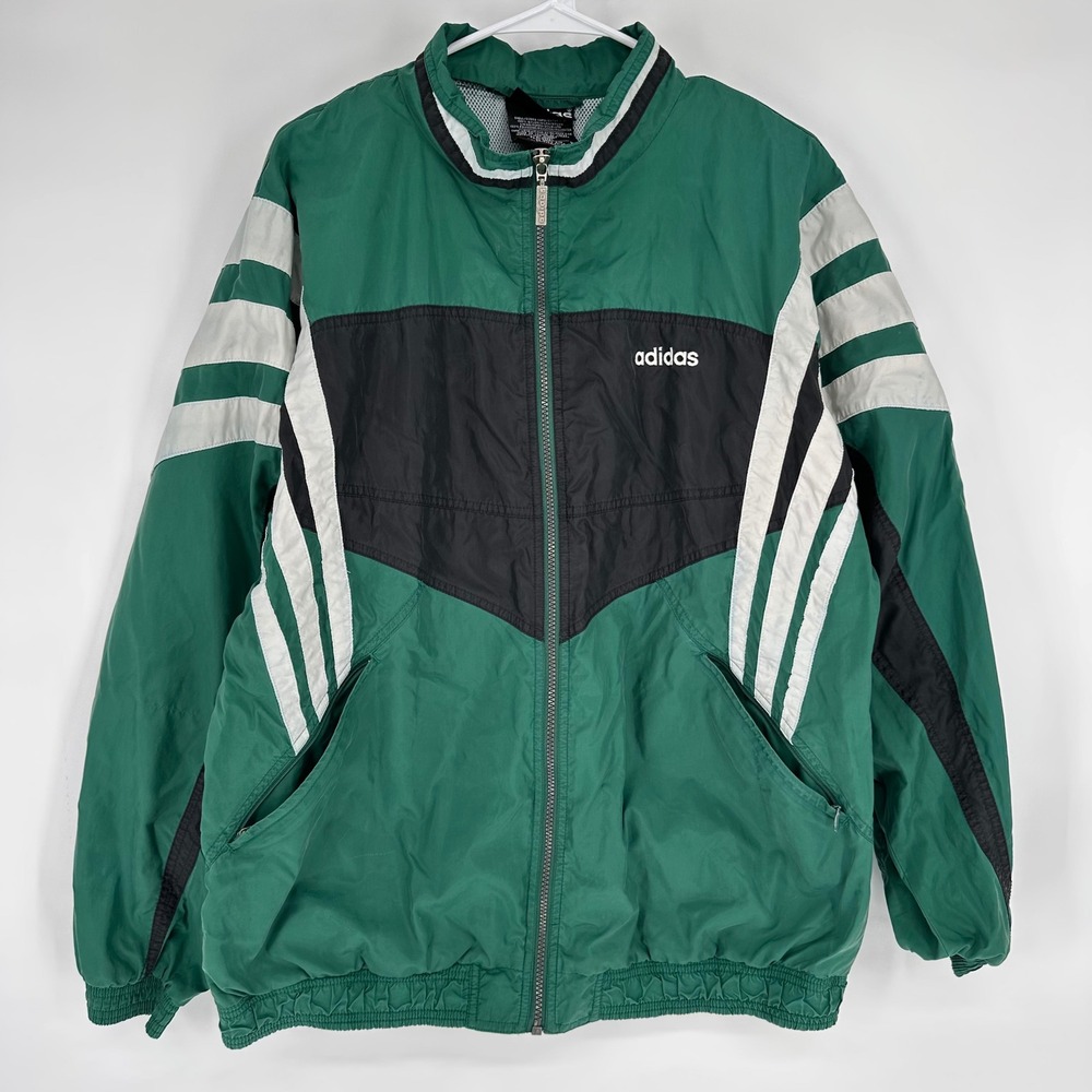 Vintage 90s Adidas Track Windbreaker Jacket Green Black White Stripes Mens L